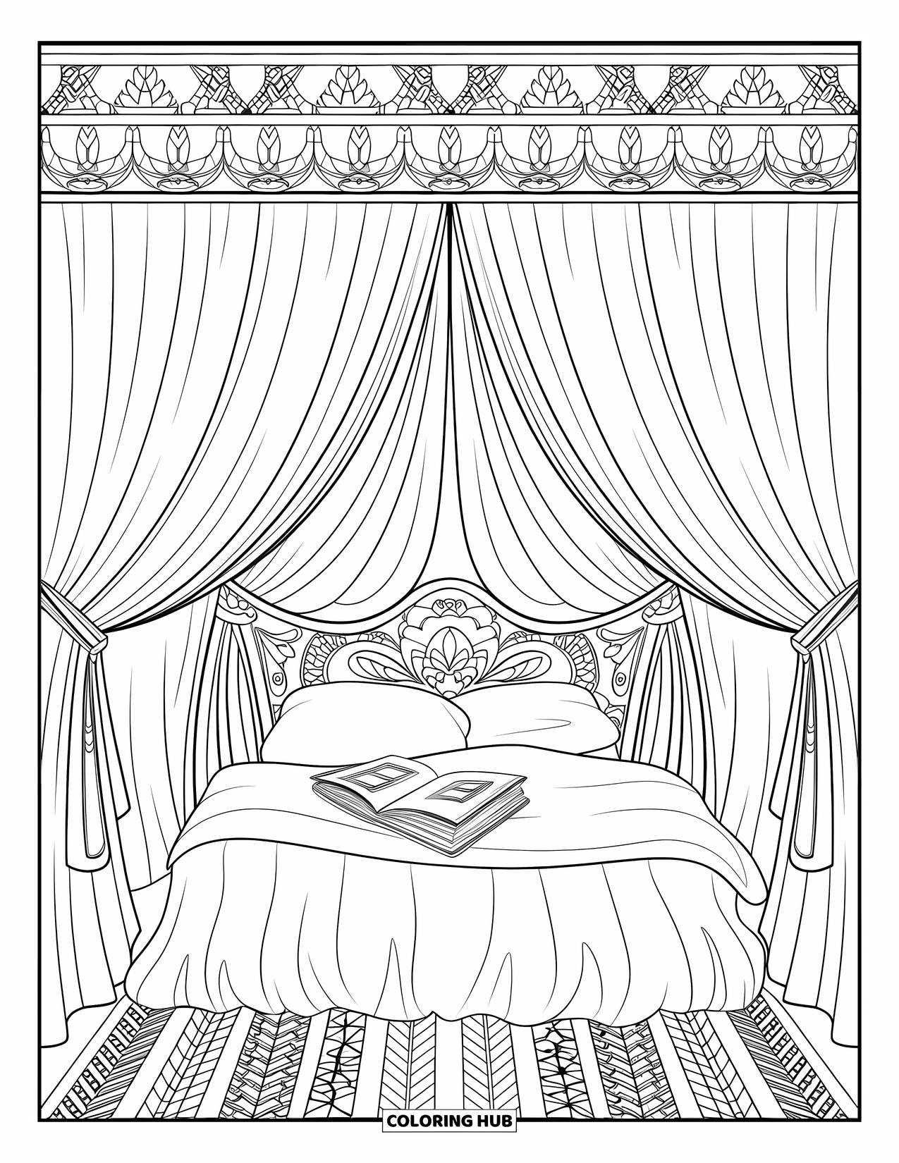 Bedroom Coloring Page for Adults: A relaxing space with a draped bed, patterned floor, and artistic border details
