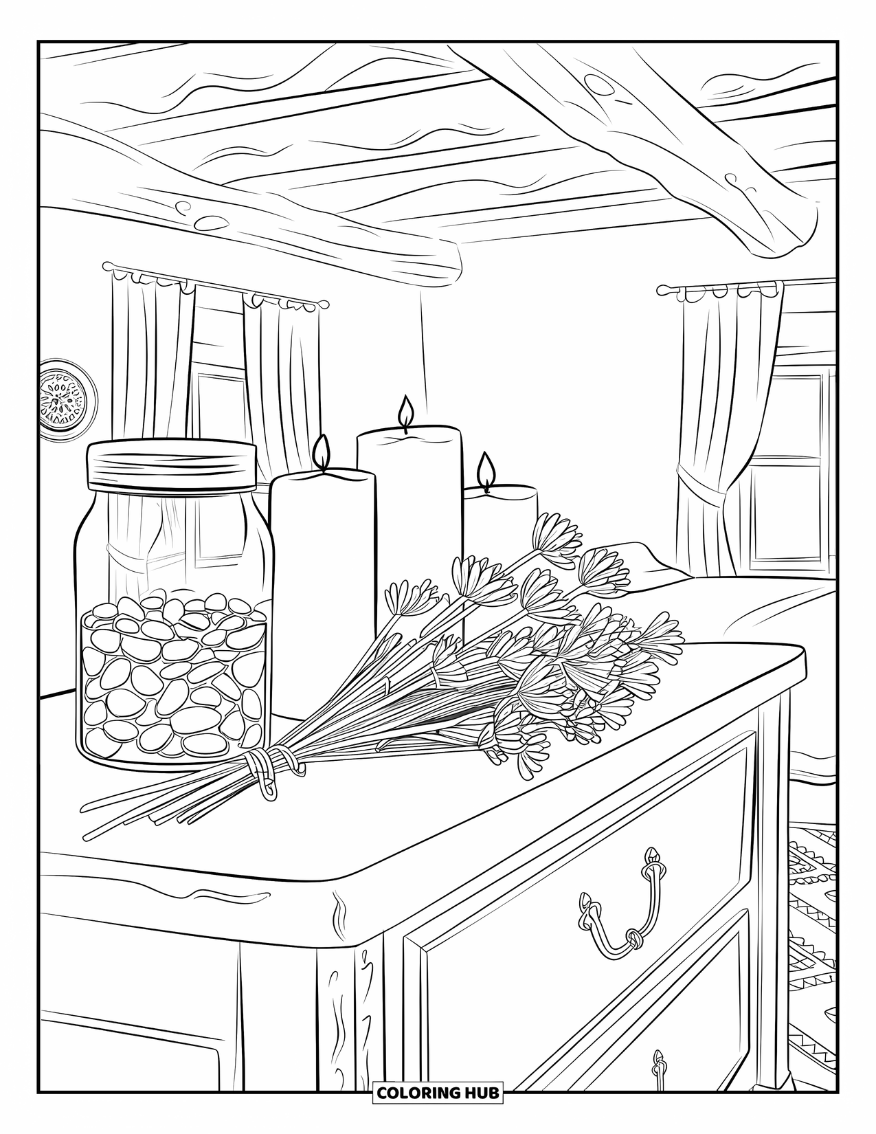 Bedroom Coloring Page for Adults: A rustic dresser scene with candles, pebbles, dried flowers, and wooden ceiling beams