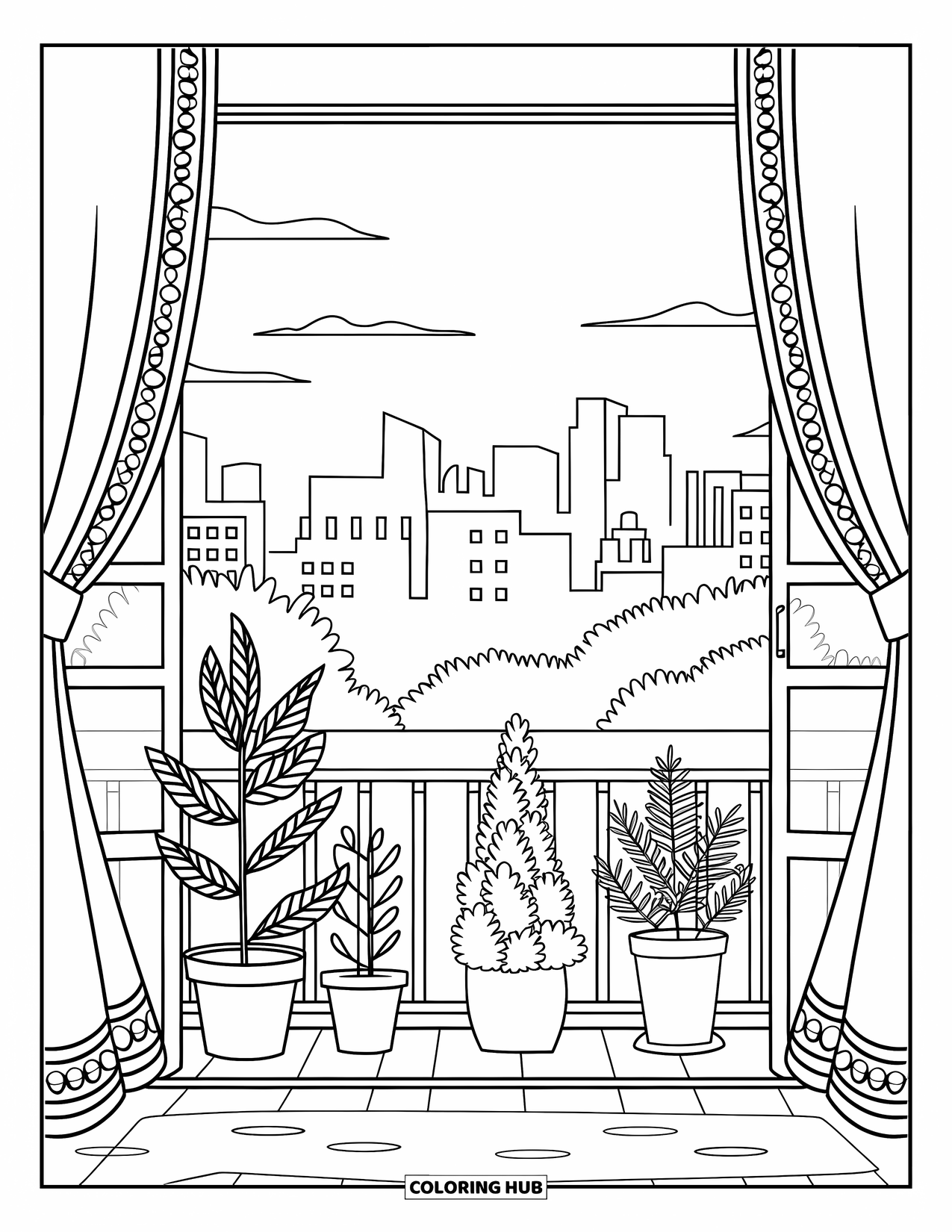 Bedroom Coloring Page for Adults: A serene balcony scene with potted plants, open curtains, and city skyline