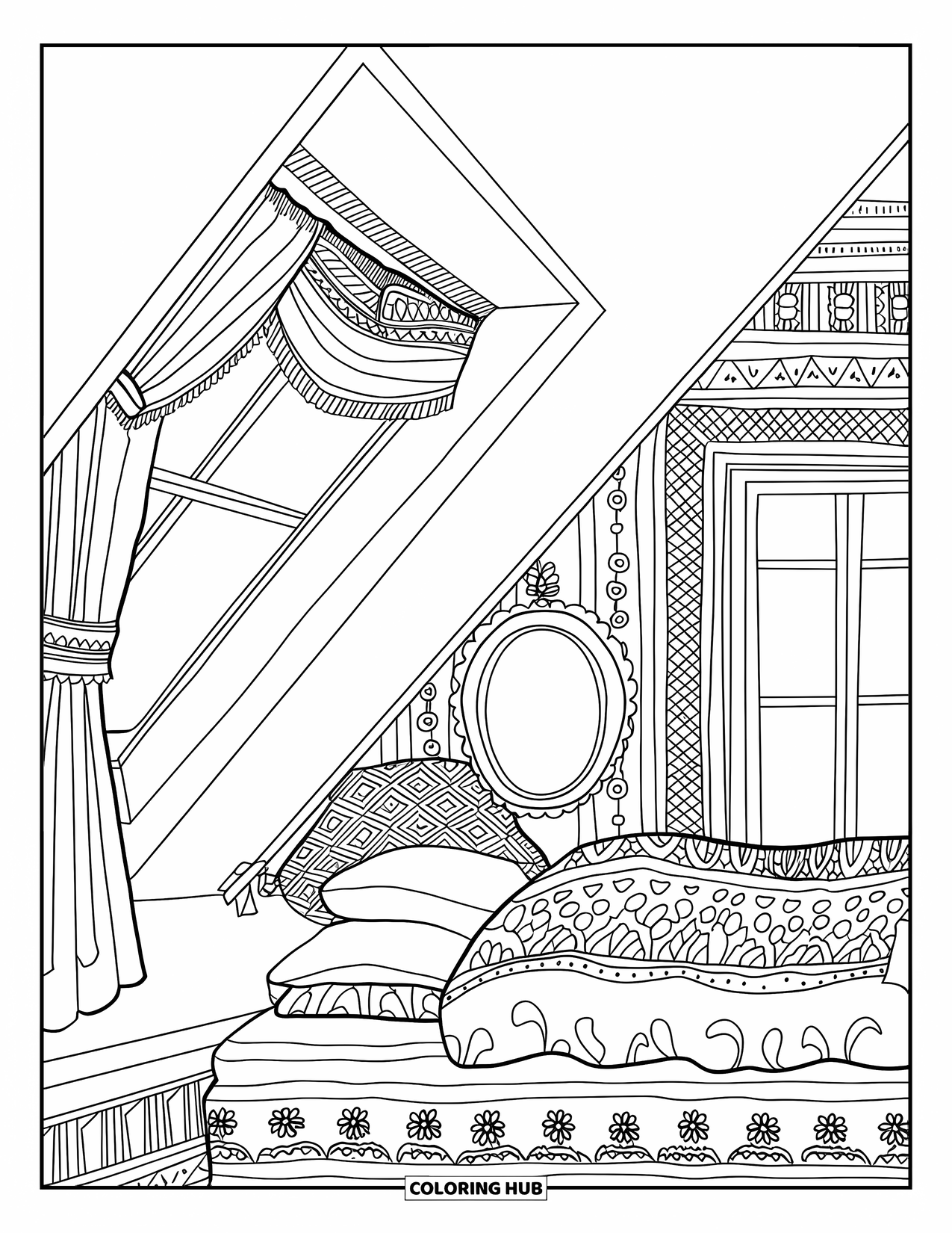 Bedroom Coloring Page for Adults: An attic bedroom with patterned decor, soft bedding, and a vintage mirror