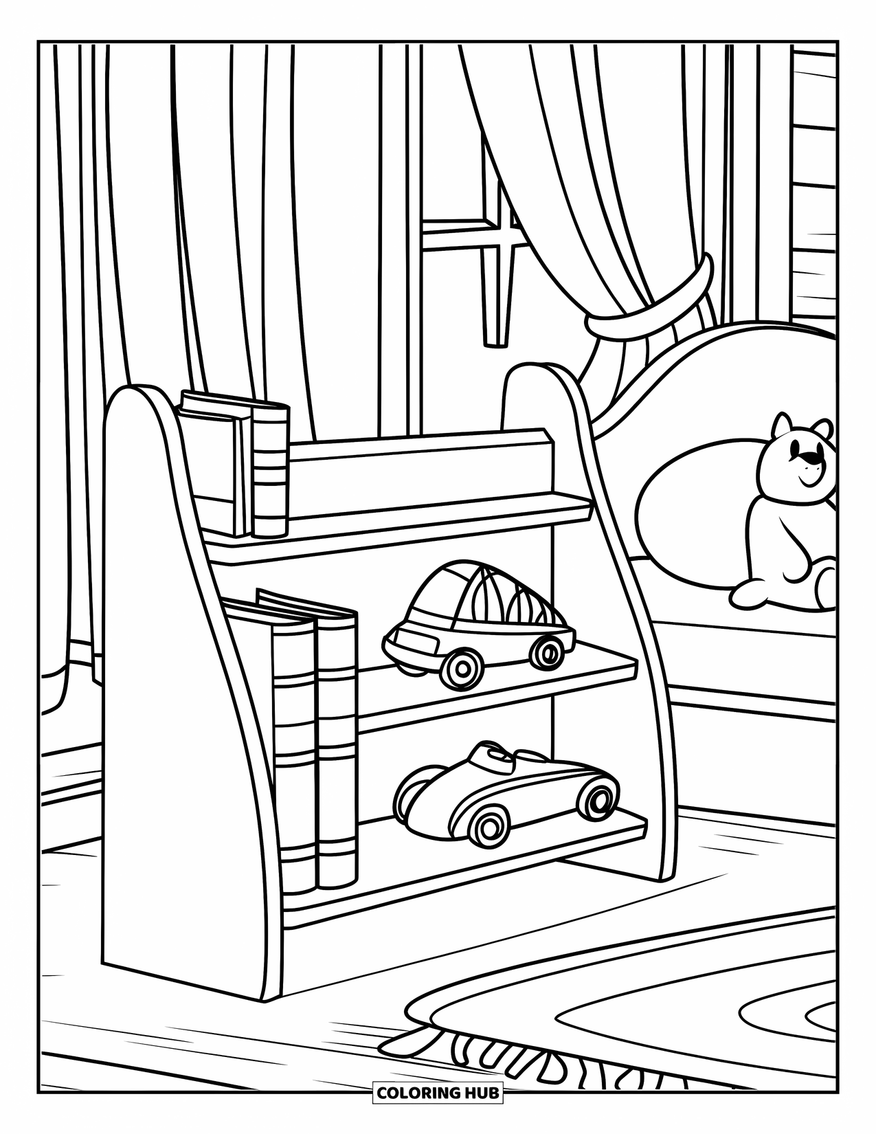 Bedroom Coloring Page for Kids: A bedroom with a shelf of books, toy car, and a bed with a stuffed animal
