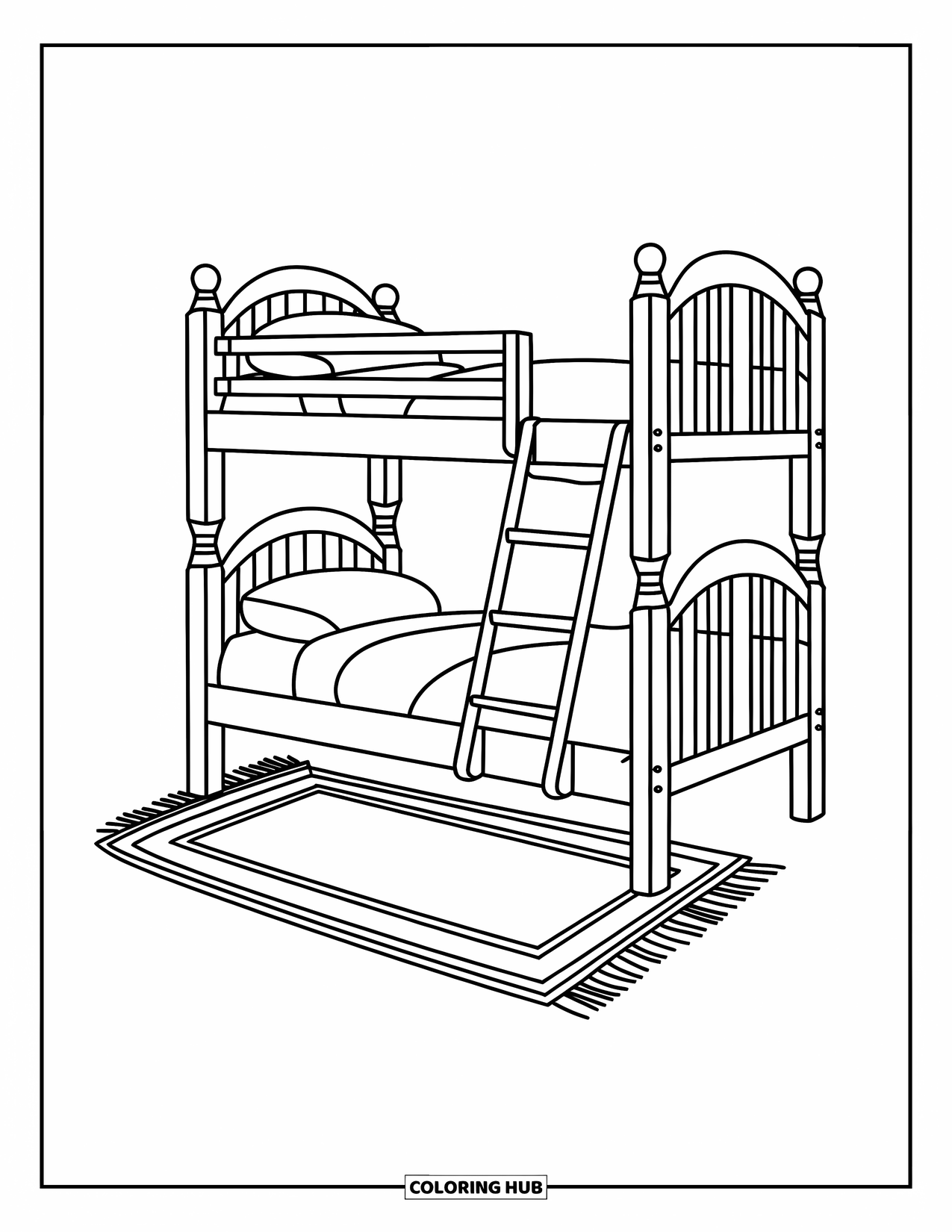Bedroom Coloring Page for Kids: A bunk bed with a ladder and a rug underneath in a cozy room