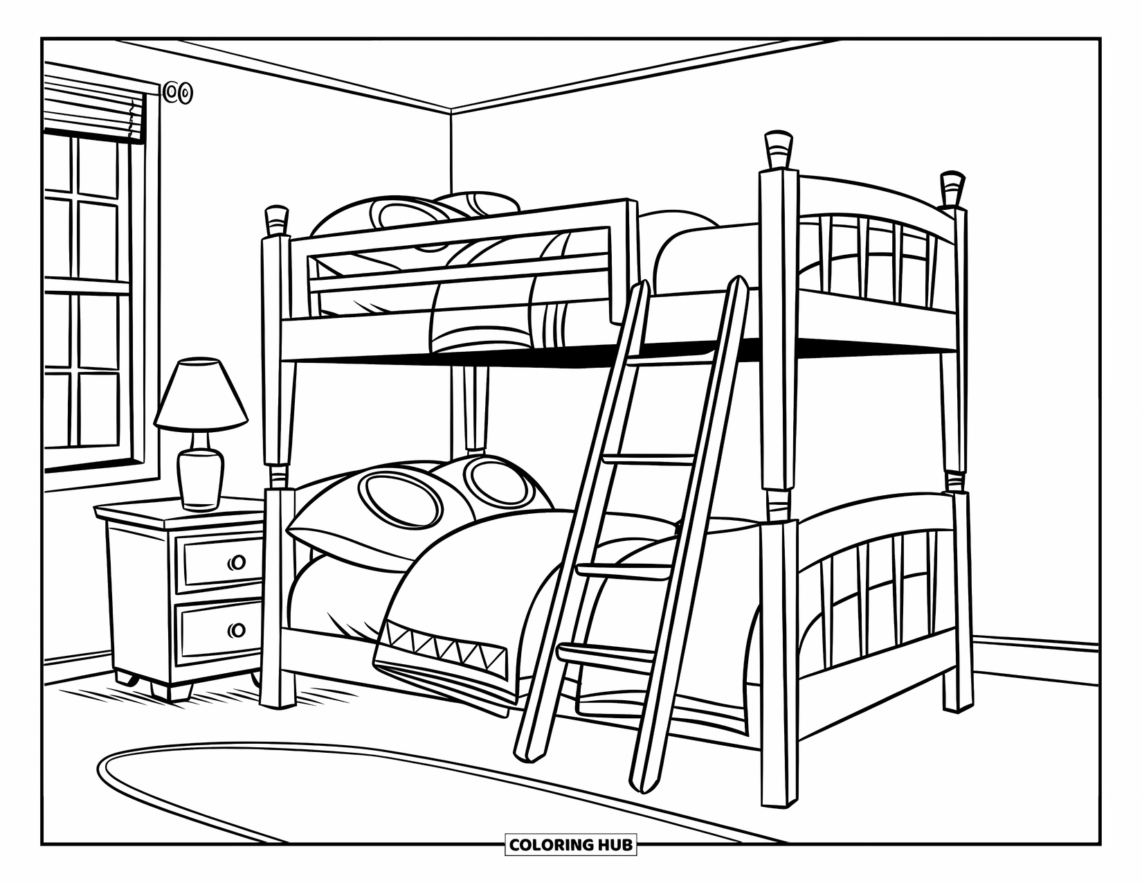Bedroom Coloring Page for Kids: A bunk bed with a nightstand, patterned blankets, and a safety rail
