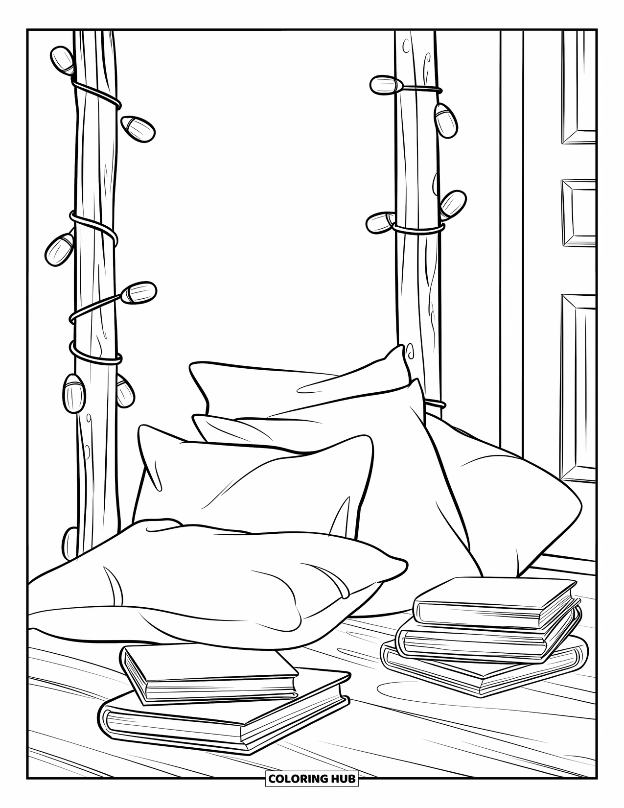 Bedroom Coloring Page for Kids: A calm corner with pillows, books, and string lights wrapped around a wooden post
