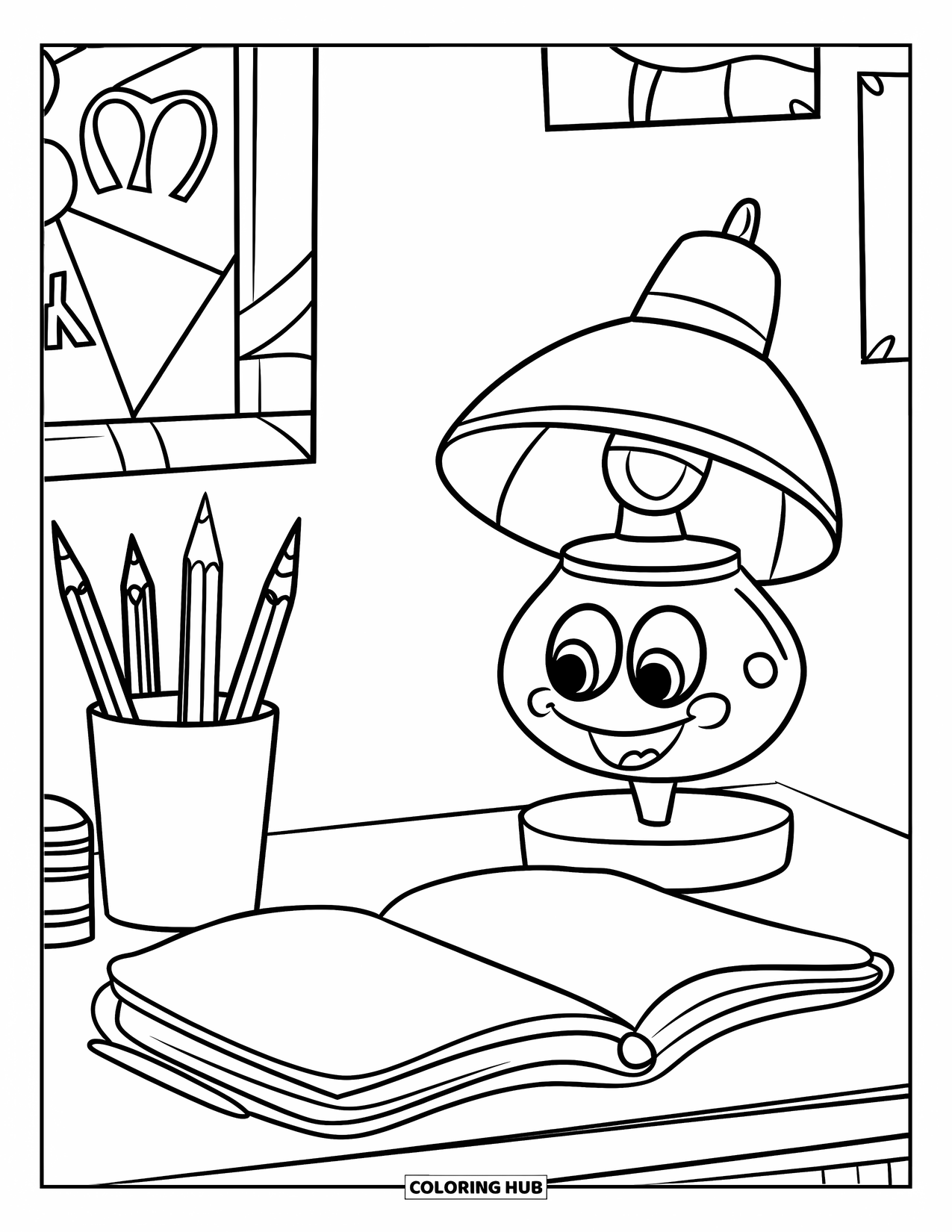 Bedroom Coloring Page for Kids: A cheerful desk with a notebook, pencil cup, and a smiling lamp in a creative room