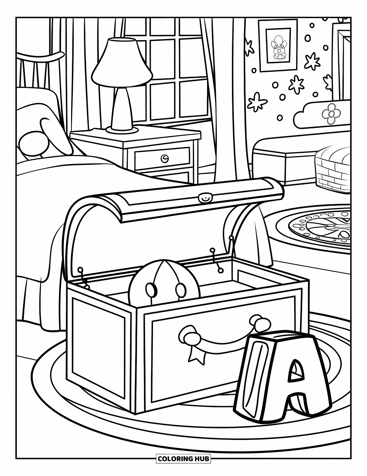 Bedroom Coloring Page for Kids: A cheerful space with a toy chest, ball, framed art, and patterned walls