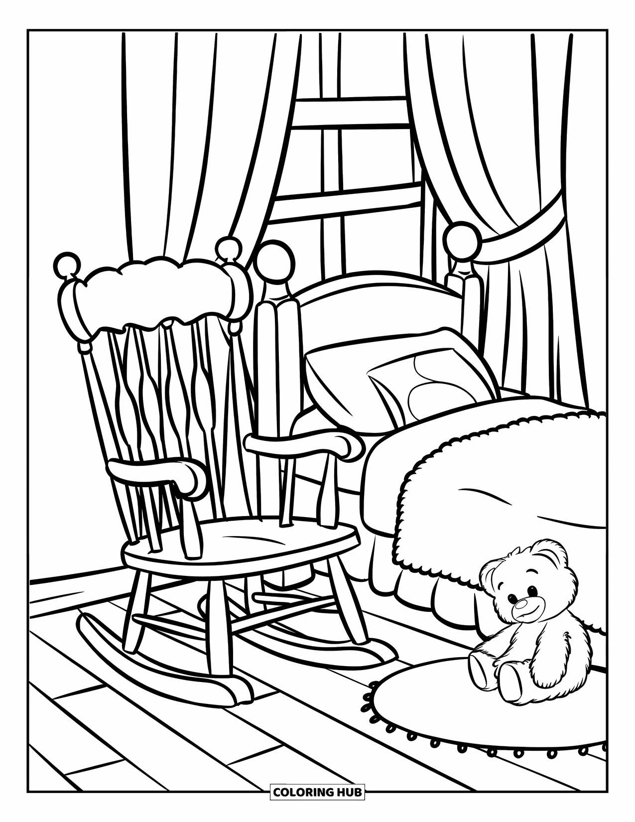 Bedroom Coloring Page for Kids: A comfy space with a rocking chair, tidy bed, toy bear, and curtained window
