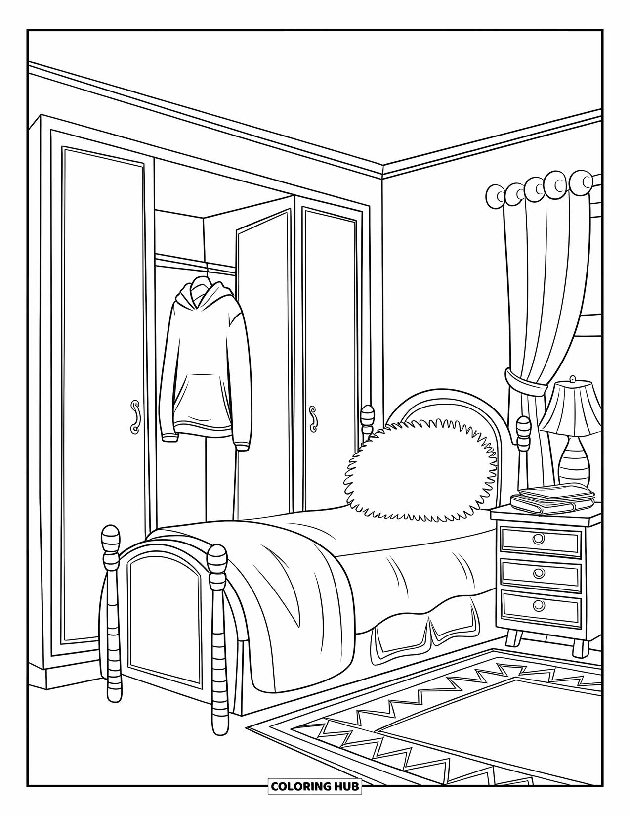 Bedroom Coloring Page for Kids: A comfy space with a wardrobe, hoodie, fluffy pillow, and patterned rug