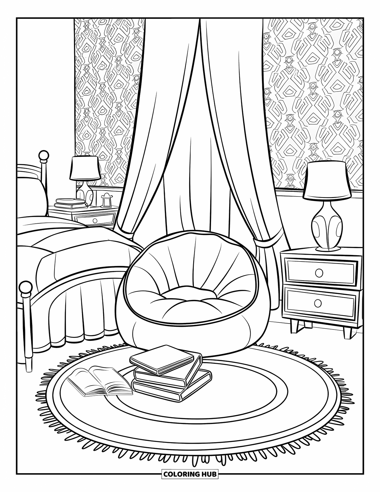 Bedroom Coloring Page for Kids: A cozy nook with a round rug, books, bean bag, and soft touches near the bed
