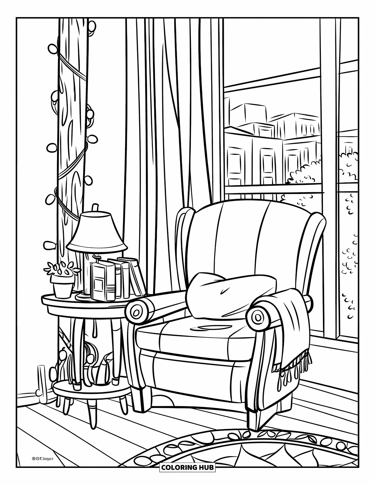 Bedroom Coloring Page for Kids: A cozy reading corner with a chair, books, lamp, and city view outside the window