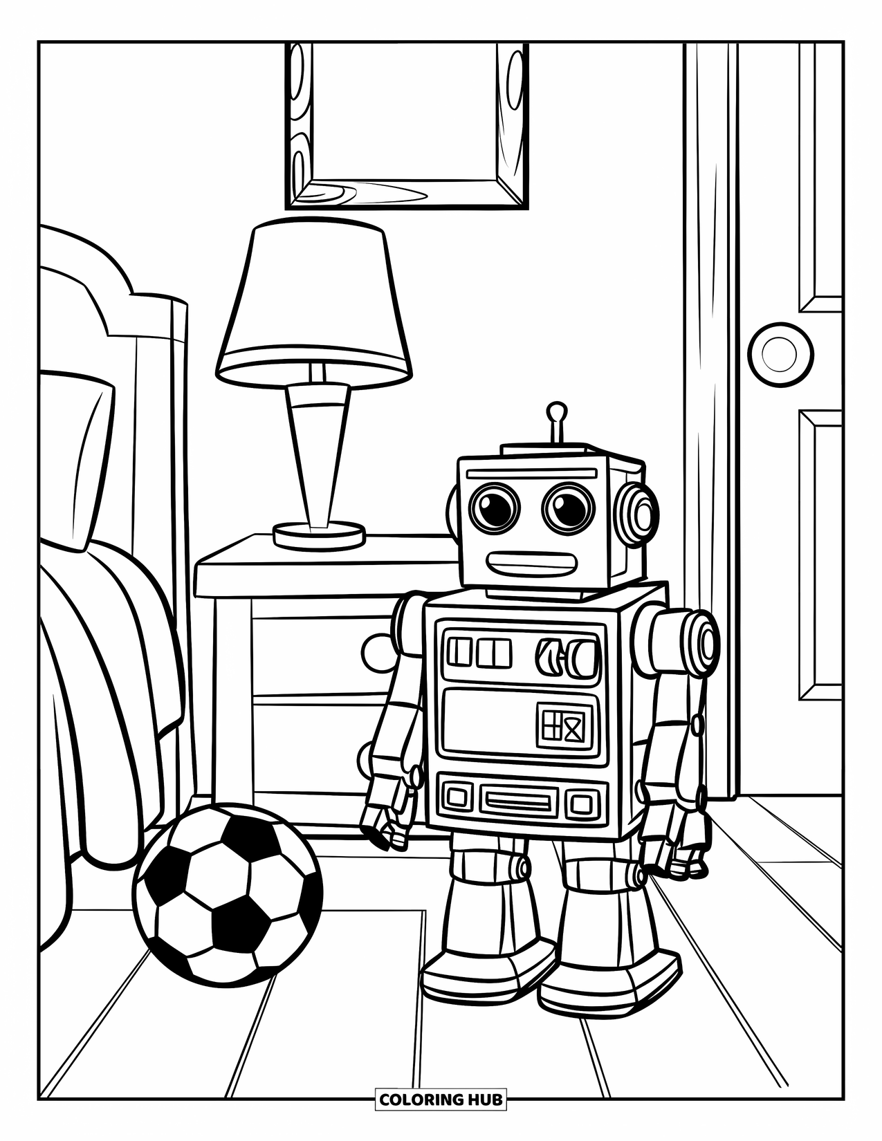 Bedroom Coloring Page for Kids: A cozy room with a toy robot, soccer ball, bed, and nightstand on wooden floors