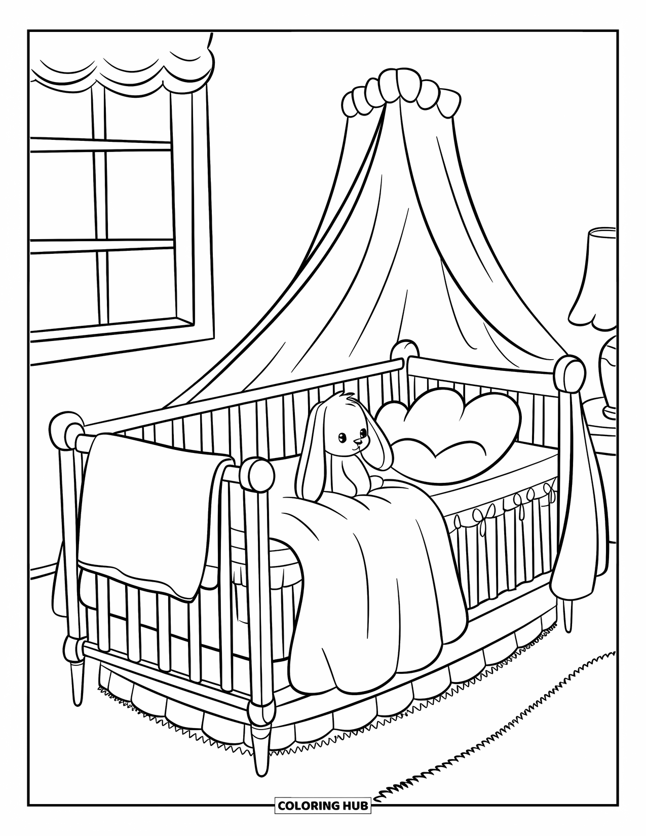 Bedroom Coloring Page for Kids: A crib with a blanket and a stuffed bunny near a window and small table