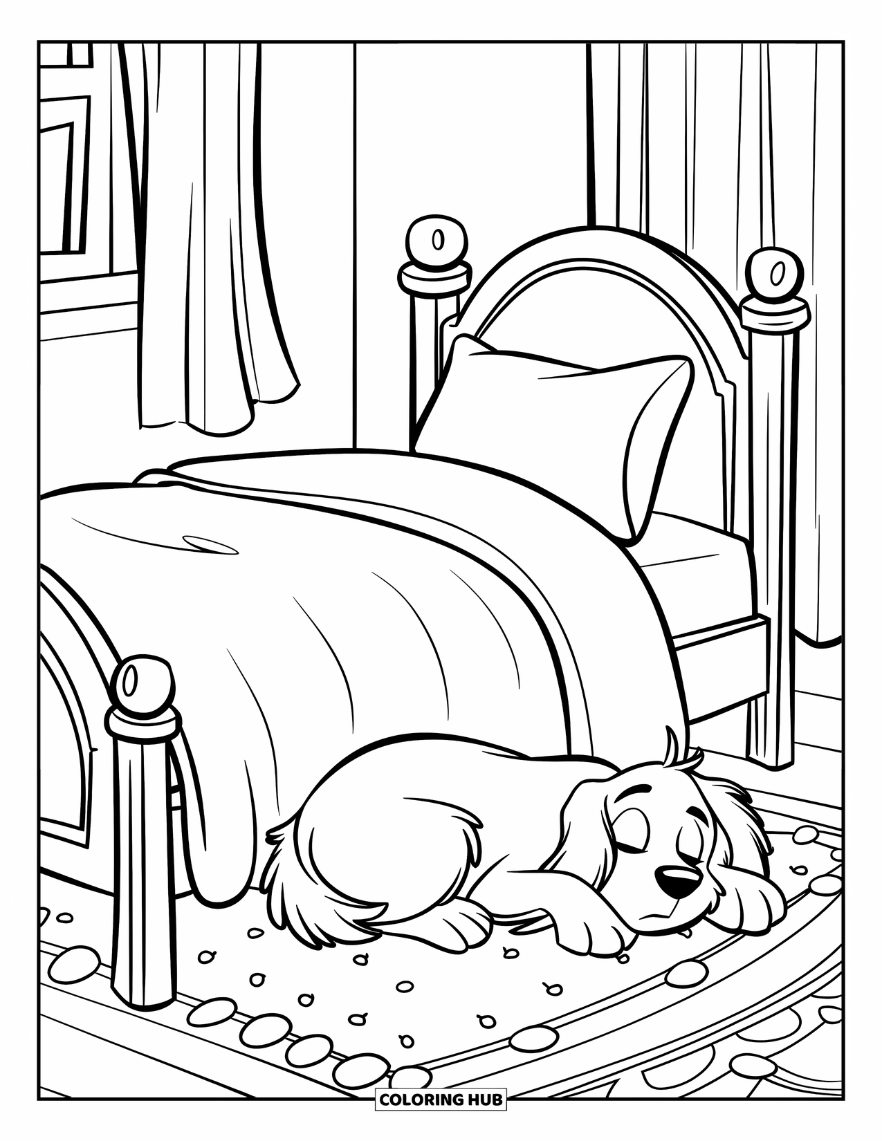 Bedroom Coloring Page for Kids: A fluffy dog rests on a bed with a patterned rug and curtained window nearby