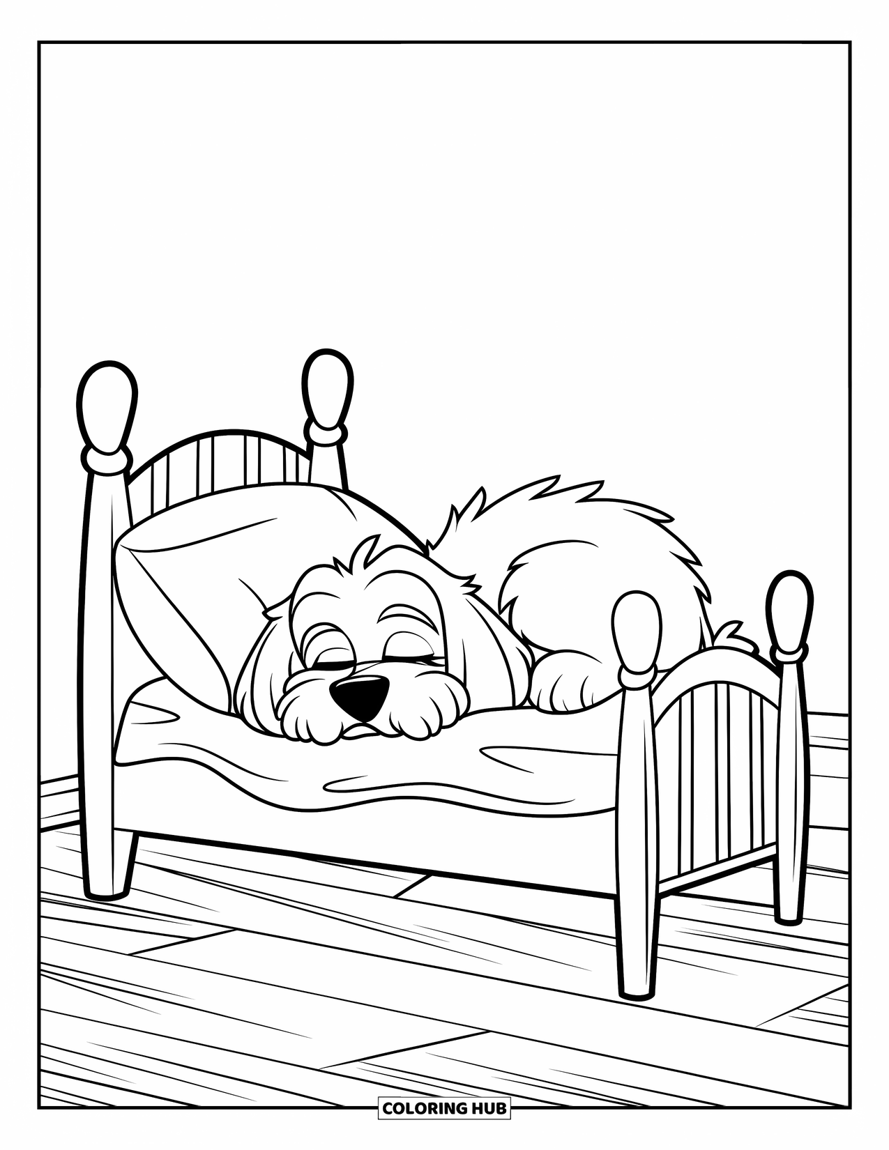 Bedroom Coloring Page for Kids: A peaceful pup sleeps on a cushioned bed in a warm, wooden-floored room
