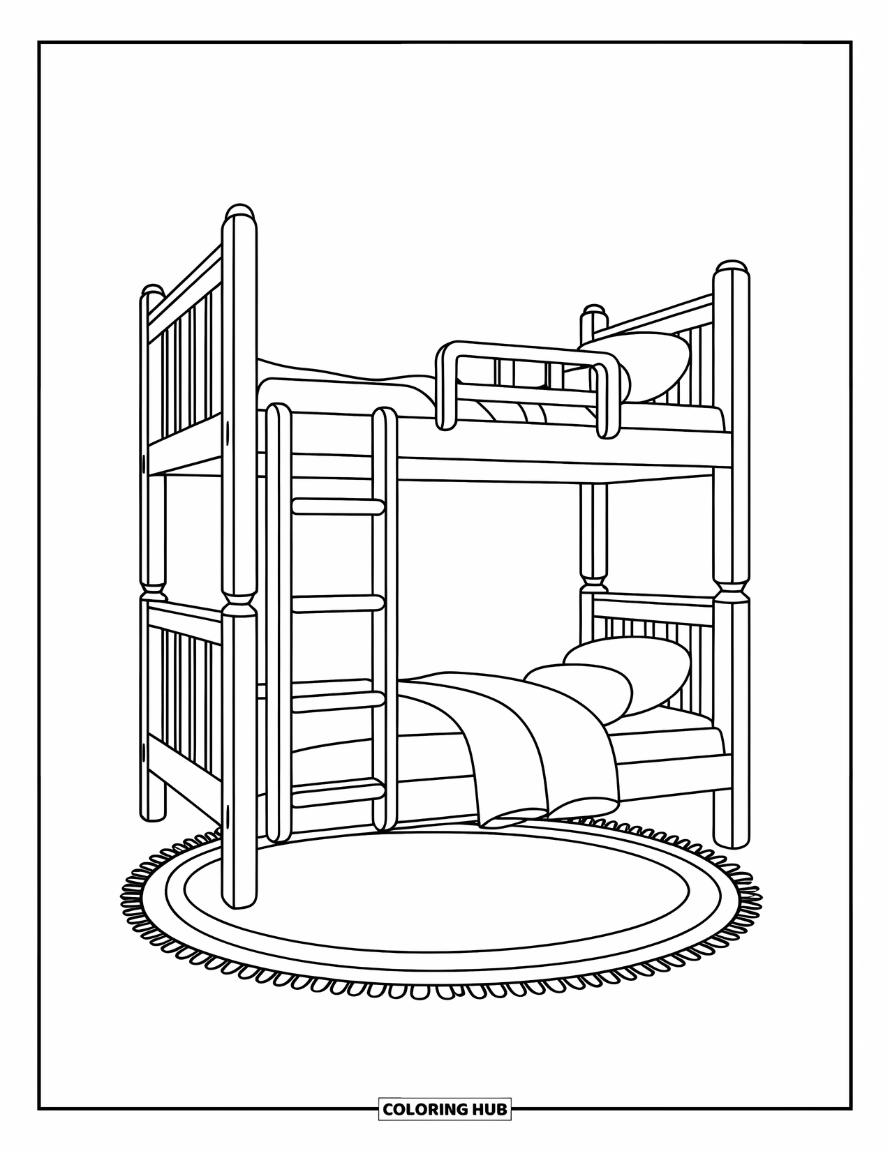 Bedroom Coloring Page for Kids: A playful bunk bed with bold lines, a ladder, and large open spaces