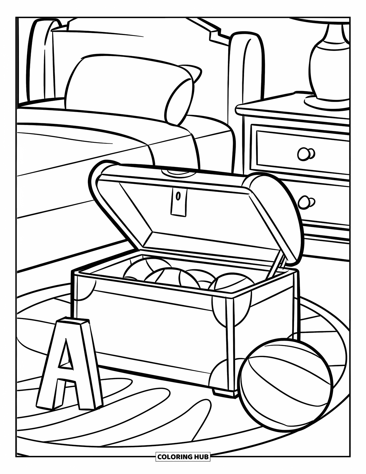 Bedroom Coloring Page for Kids: A playful corner with a toy chest, block, ball, and rug beside the bed