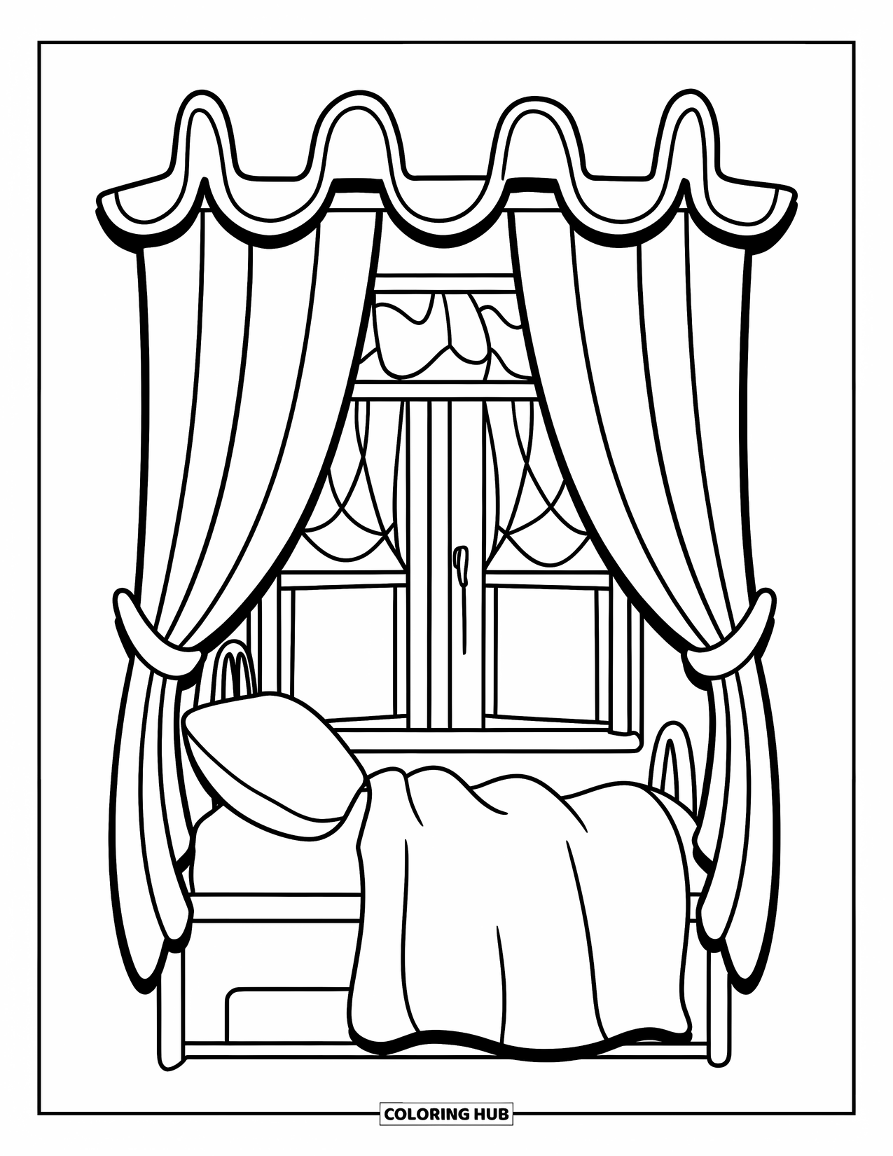 Bedroom Coloring Page for Kids: A playful room with a small curtained window and bed ready for rest