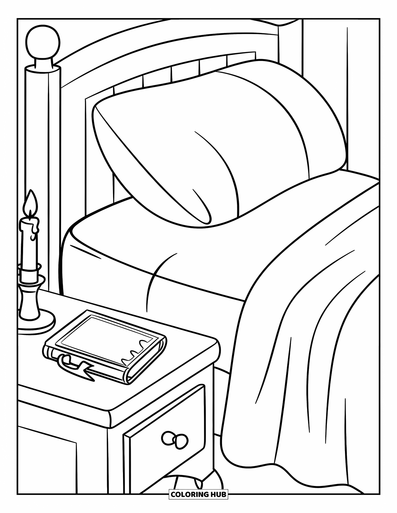 Bedroom Coloring Page for Kids: A quiet room with a bed, nightstand, blanket, and candlelit journal