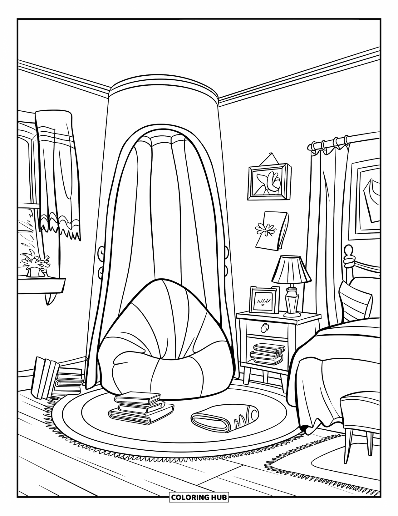 Bedroom Coloring Page for Kids: A reading corner with books, a bean bag, framed art, and a wooden floor