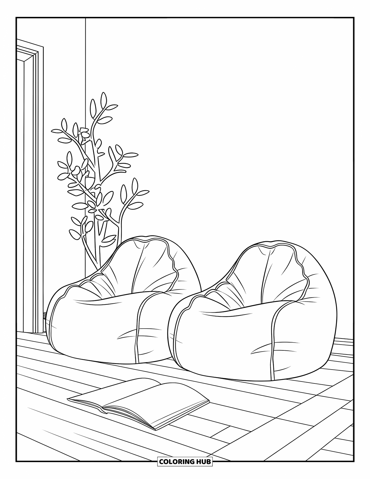 Bedroom Coloring Page for Kids: A relaxed corner with two bean bags, a sketchbook, and a leafy plant