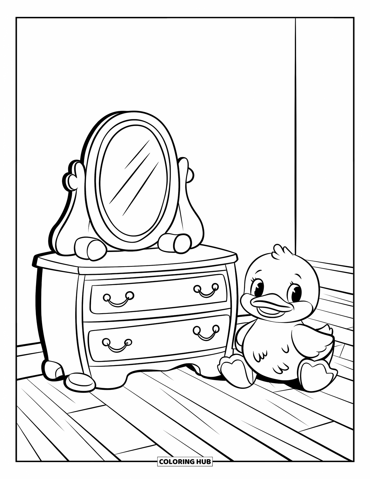 Bedroom Coloring Page for Kids: A simple room with a dresser, mirror, and a toy duck on a wooden floor