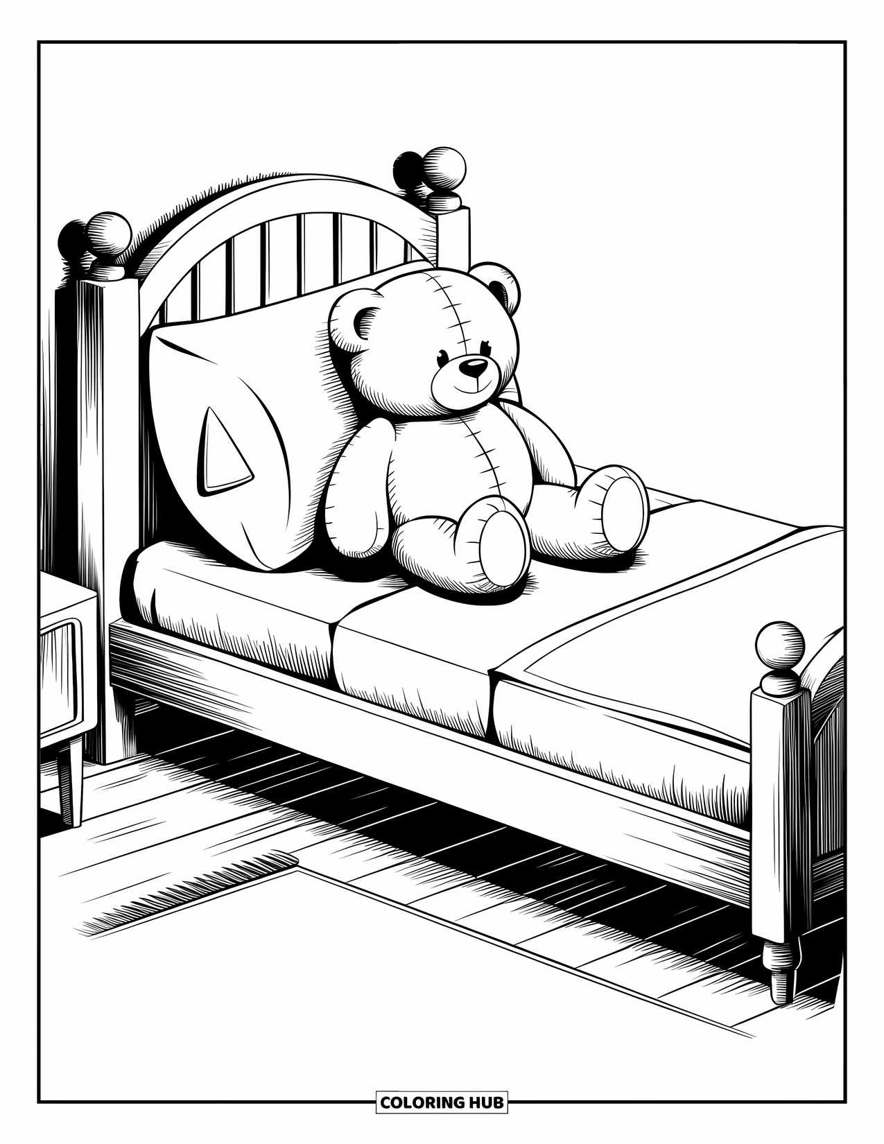 Bedroom Coloring Page for Kids: A single bed with a teddy bear on a pillow beside a small lamp
