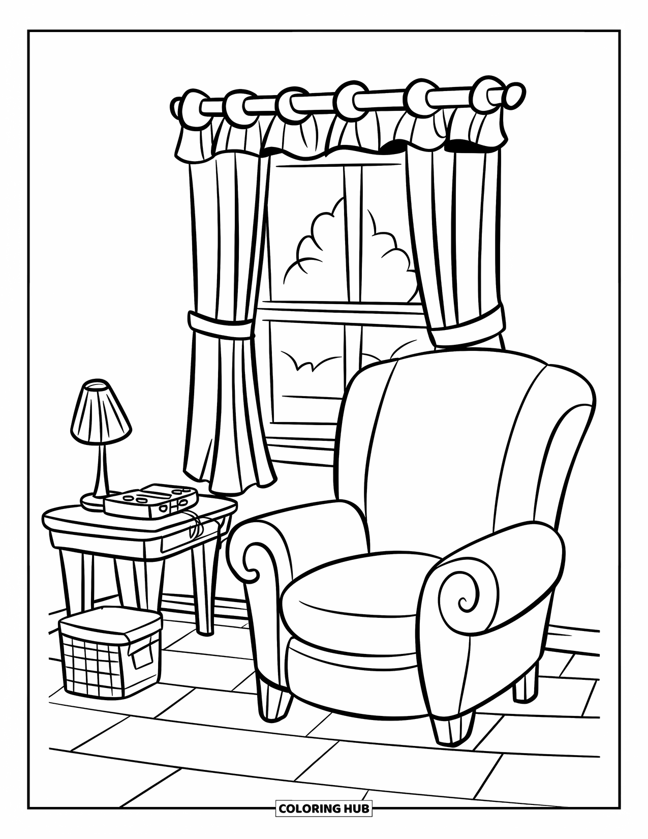 Bedroom Coloring Page for Kids: A small room with a game console, wooden floor, and cozy chair by the window