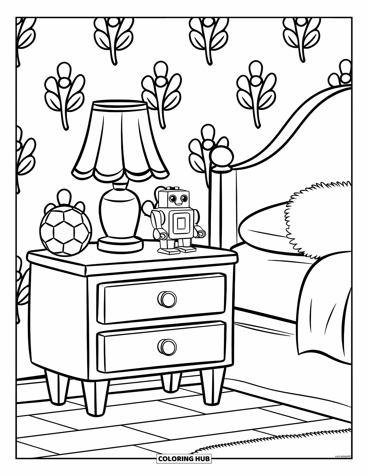 Bedroom Coloring Page for Kids: A soft bedroom scene with a toy robot, soccer ball, lamp, and floral wall pattern