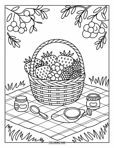 Beeren-Ausmalbild für Erwachsene: Beerengefüllter Picknickkorb mit Besteck und gemütlichem Gartencharme
