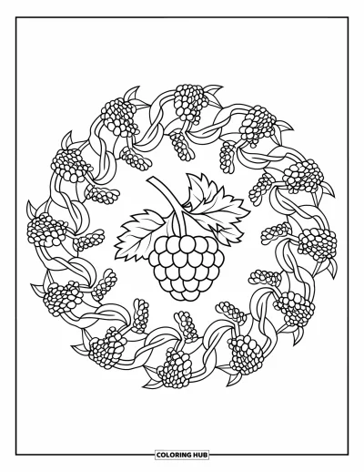Beeren-Ausmalbild für Erwachsene: Brombeere im Mittelpunkt eines detailreichen Beerenzweig-Mandalas