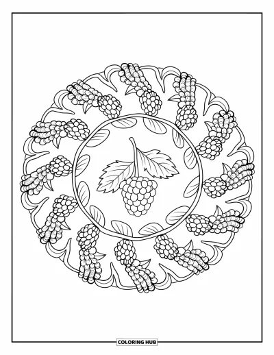 Beeren-Ausmalbild für Erwachsene: Brombeere mit Blättern im Mittelpunkt eines Beerenranken-Mandalas