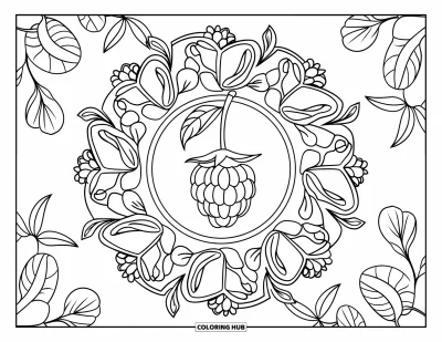 Beeren-Ausmalbild für Erwachsene: Mittlere Stachelbeere mit ornamentalem Mandala aus Blättern und Beeren