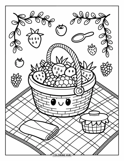 Beeren-Ausmalbild für Erwachsene: Gemütlicher Beerenkorb auf Gingham-Muster, umgeben von Besteck und Ranken