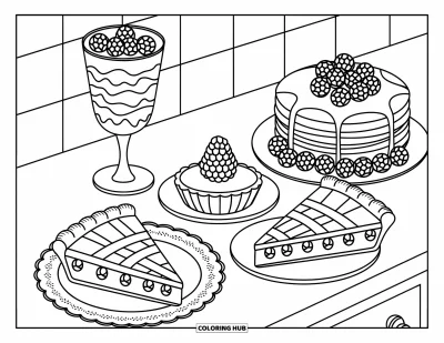 Beeren-Ausmalbild für Erwachsene: Gemütliche Küchentheke mit Beeren-Parfait, Törtchen, Kuchen und Pfannkuchen