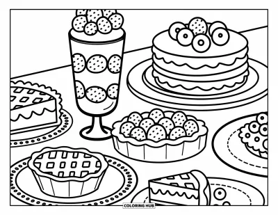 Beeren-Ausmalbild für Erwachsene: Süße Beeren-Dessertszene mit Parfait, Törtchen, Kuchenstück und fluffigen Pfannkuchen