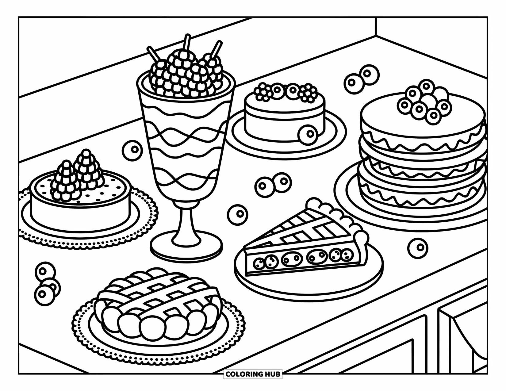 Berry Coloring Page for Adults: Dessert-filled countertop with a parfait, tart, pie, pancakes, and a playful cat silhouette