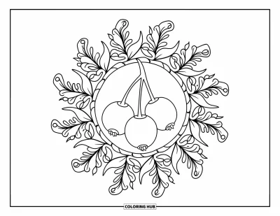 Beeren-Ausmalbild für Erwachsene: Detailreiches Beeren-Mandala mit Stachelbeere im Mittelpunkt