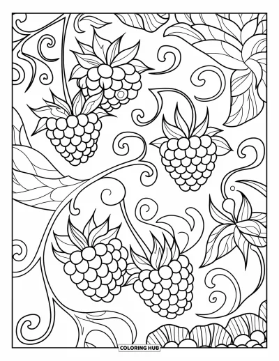 Beeren-Ausmalbild für Erwachsene: Detailreiches Himbeer-Mandala mit fließenden Beerenranken und Formen