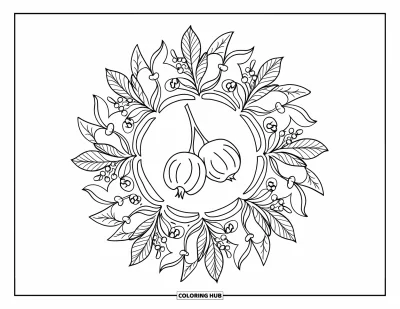Beeren-Ausmalbild für Erwachsene: Stachelbeere in einem kreisförmigen Mandala aus Blättern und Beerenformen