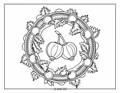 Beeren-Ausmalbild für Erwachsene: Stachelbeere am Stiel umgeben von einem Beerenmandala mit Blättern
