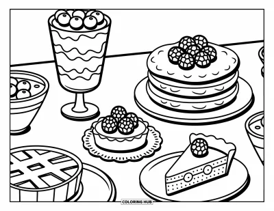 Beeren-Ausmalbild für Erwachsene: Kawaii-Küchentheke mit geschichteten Desserts und Beeren im handgezeichneten Stil