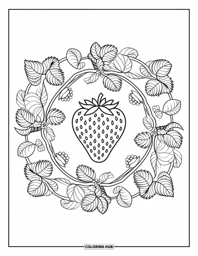 Beeren-Ausmalbild für Erwachsene: Große Erdbeere umrahmt von filigranen Ranken und Blatt-Mandala-Mustern