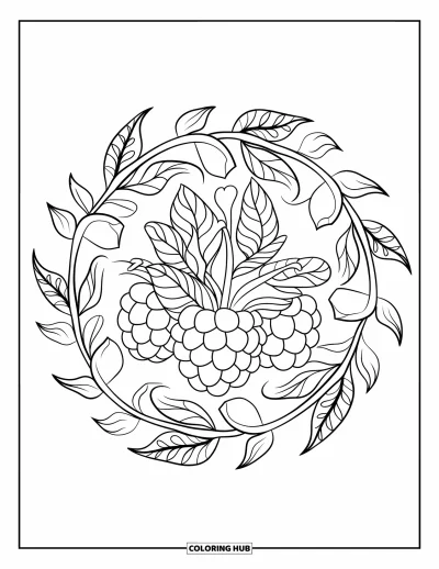 Beeren-Ausmalbild für Erwachsene: Mandala-Design mit Himbeertraube und geschwungenen Blütenblattformen