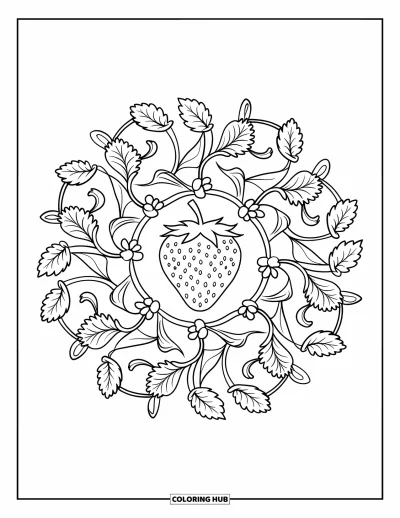 Beeren-Ausmalbild für Erwachsene: Mandala aus Erdbeerranken mit einer großen Erdbeere in der Mitte