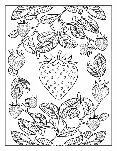 Beeren-Ausmalbild für Erwachsene: Erdbeere im Zentrum eines ganzseitigen botanischen Ranken-Mandalas