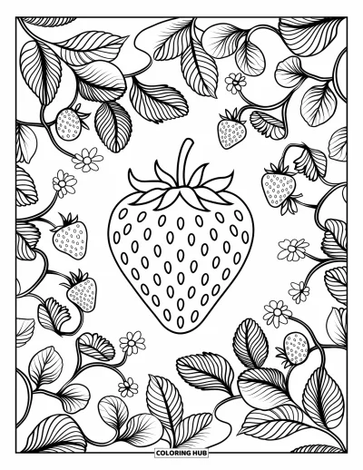 Beeren-Ausmalbild für Erwachsene: Erdbeere umgeben von filigranen Erdbeerranken und Blättern