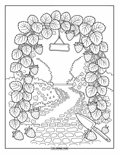 Beeren-Ausmalbild für Erwachsene: Erdbeer-Ranken-Torbogen mit Blüten, Beeren und hängendem Schild