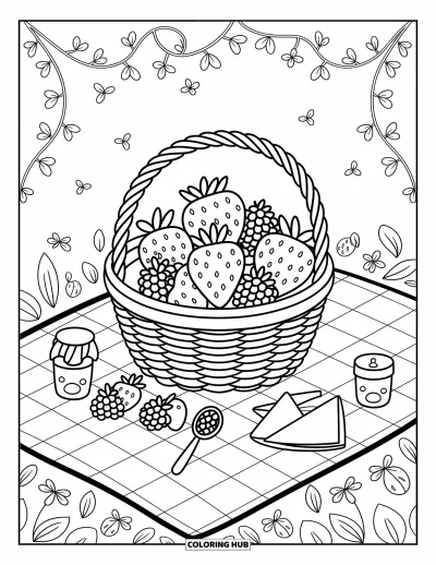 Beeren-Ausmalbild für Erwachsene: Weidenkorb mit Beeren, Marmelade, Löffel, Serviette und Beerenranken