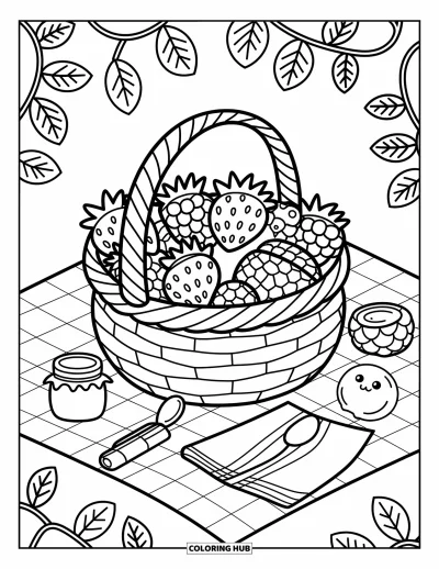 Beeren-Ausmalbild für Erwachsene: Weidenkorb mit gemischten Beeren auf einer Picknickdecke mit Marmelade und Löffel