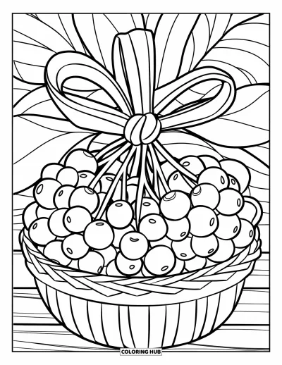 Beeren-Ausmalbild für Kinder: Korb mit Preiselbeeren, mit einer Schleife gebunden